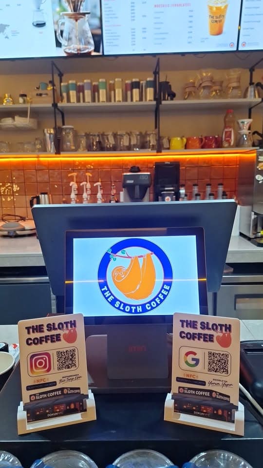 The Sloth Coffee kasasında, standlarında duran Instagram ve Google NFC kartları